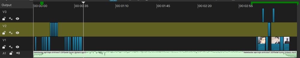 a screen cap of video editing software showing an in-progress amv. the clips are from karaoke iko and the music is hemlocke springs "enknee1".