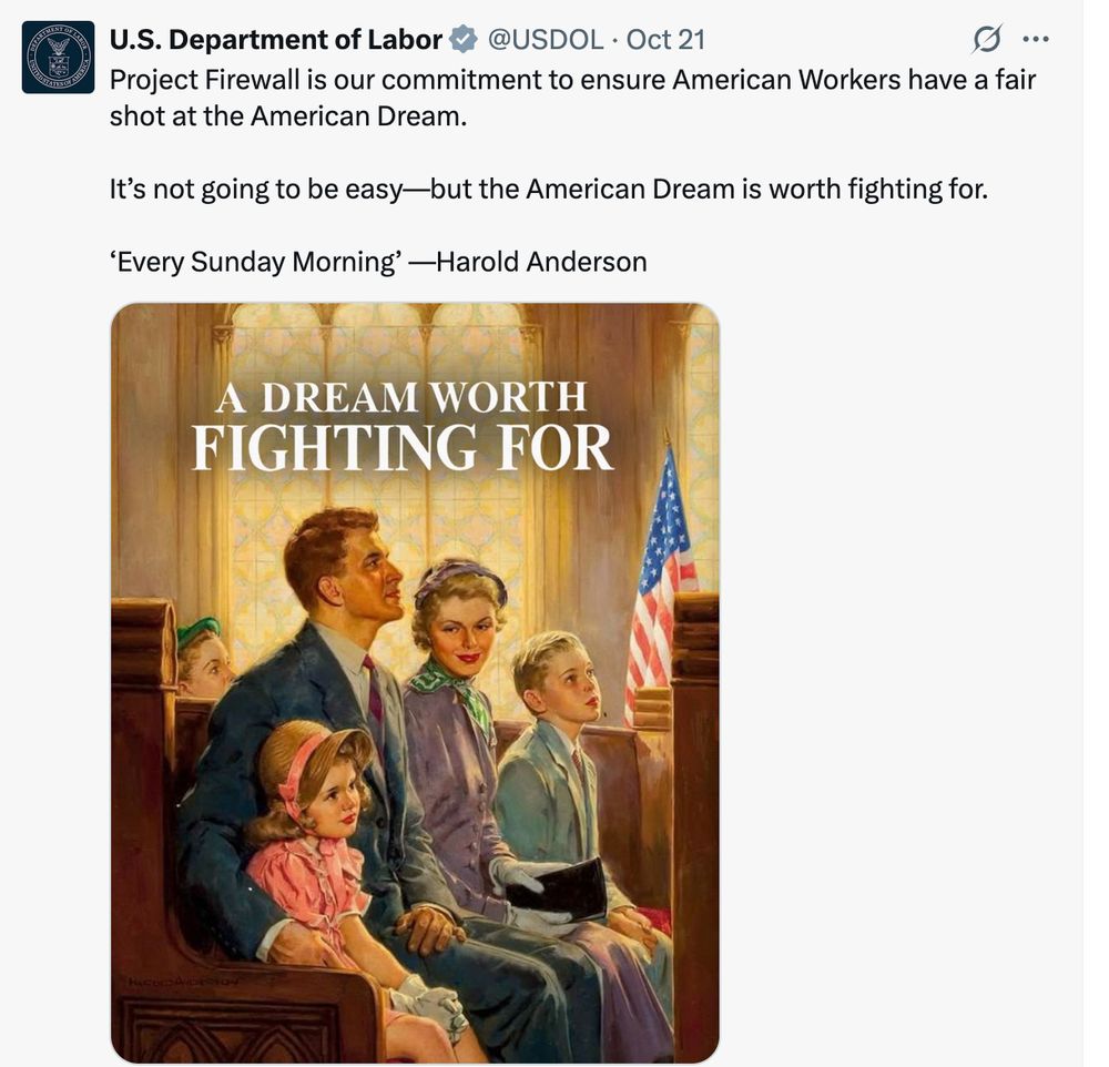 "Project Firewall is our commitment to ensure American Workers have a fair shot at the American Dream.  

It’s not going to be easy—but the American Dream is worth fighting for. 

‘Every Sunday Morning’ —Harold Anderson"
Family in pew with US flag in background