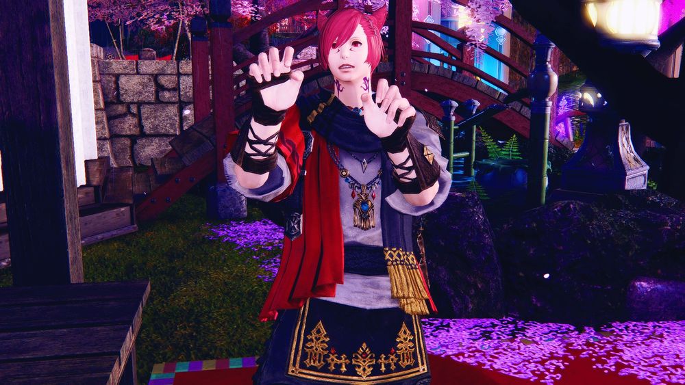G'raha is surprised! His eyes widen as he holds his hands up. His ears perk up slightly. He's standing in the yard of a house in the Lavender Beds.