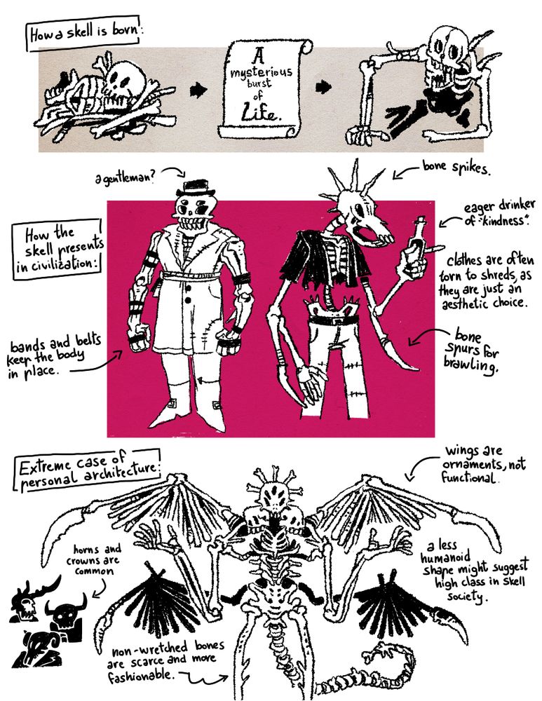 Skell in their various incarnations. A pile of bones becomes a living skeleton. A 4-eyed skell dresses in a merchants coat and bowler. A horse headed skell has a bone mohawk and punk leathers. An extreme example has 3 heads four bone wings and a long lizard like tail.