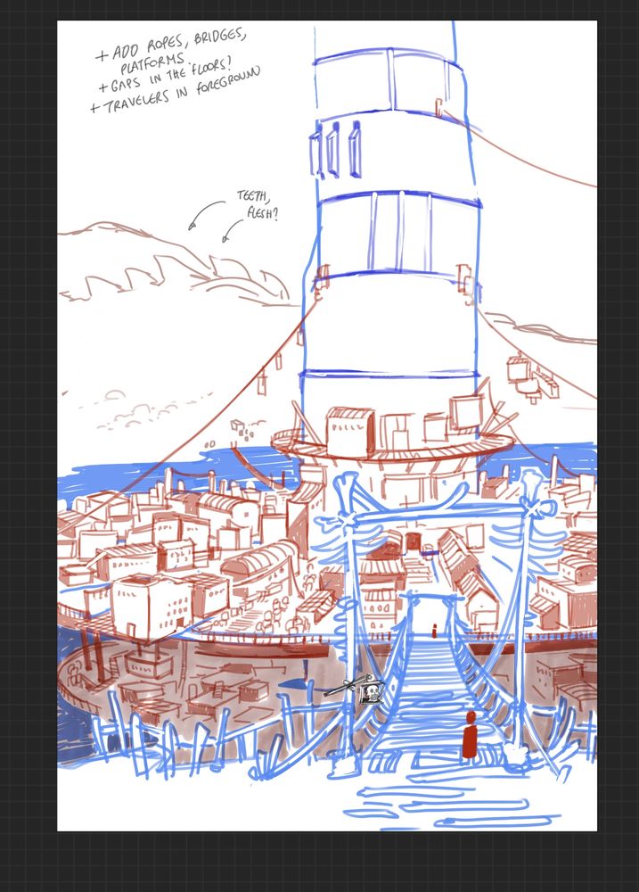 A rickety bone and wood bridge leads to an immense tower, surrounded by a booming platform city, with additional platform districts descending into the darkness below.   