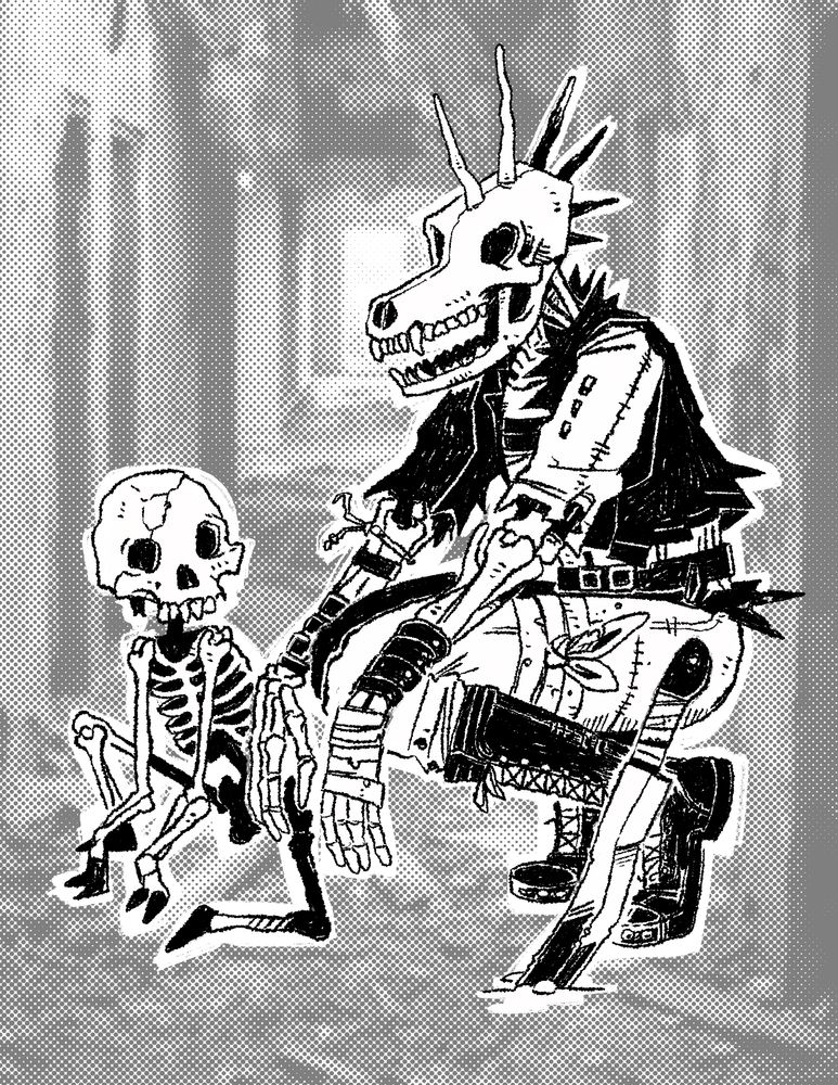 Horse headed punk skell squats next to a large knife and small skell with hooved forelegs instead of arms. 