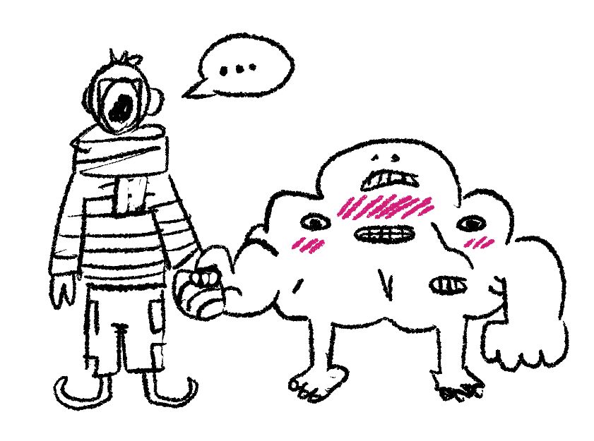 Factory worker with mechanical body holds hands with multi mouthed meat abomination.