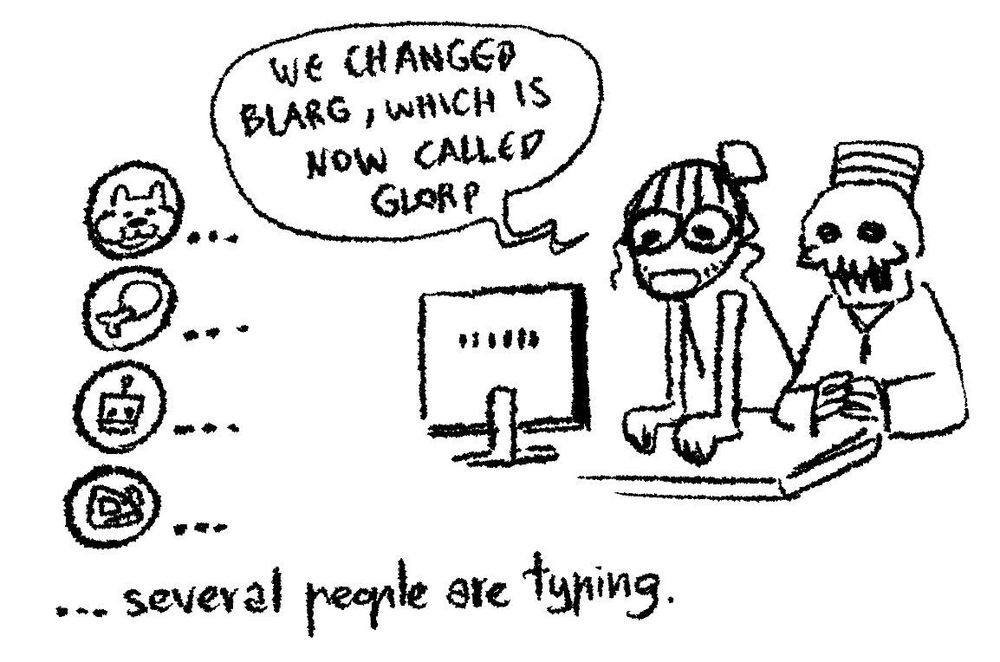 Shane and Carlos at a PC, saying "we changed blarg, which is now called glorp." Ellipsis appear in the discord next to everyone's icons showing everyone is typing furiously.