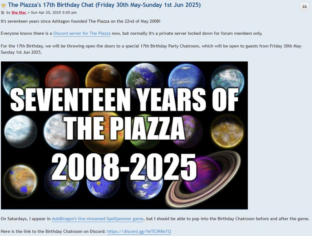 The Piazza's 17th Birthday Chat (Friday 30th May-Sunday 1st Jun 2025)