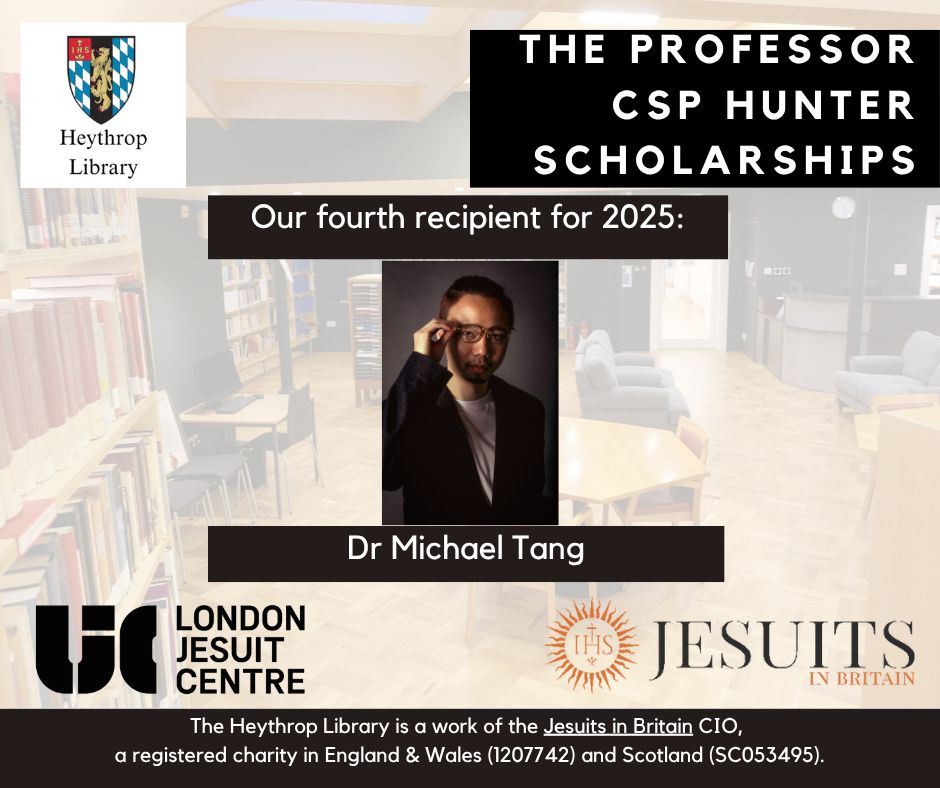 Text relating to the post, against the backdrop of an unsaturated image of part of the Library's reading room. At the centre a photo of the recipient, on the top left the Heythrop Library crest, on the bottom left the logo of the London Jesuit Centre, and at the bottom right the banner of the Jesuits in Britain.