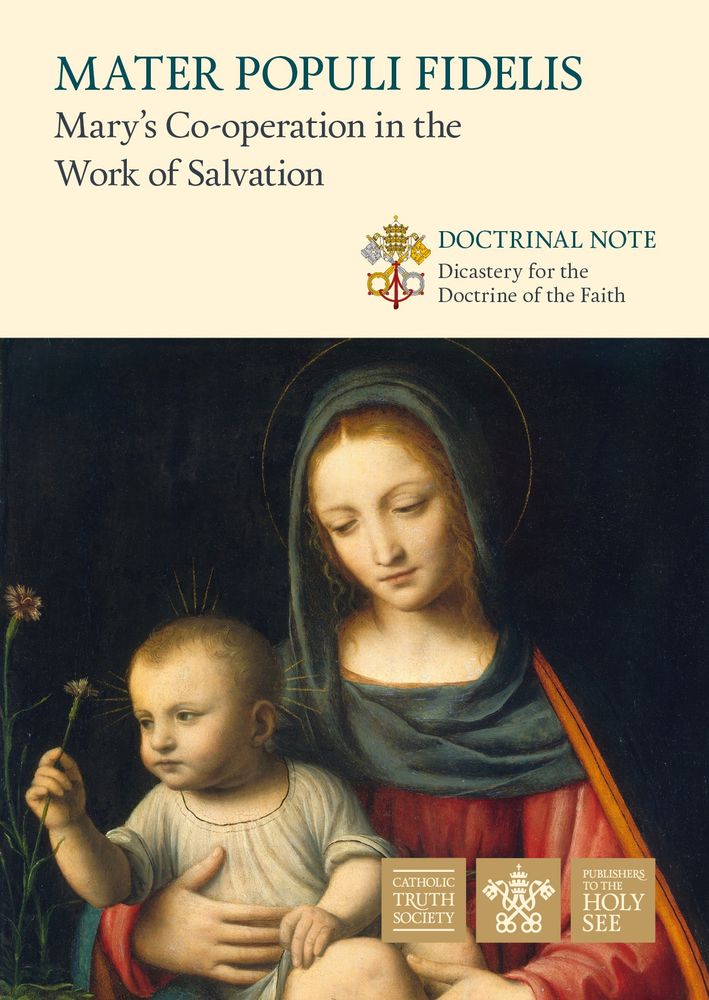 Cover of this pamphlet shows an oil painting of Mother Mary with child.