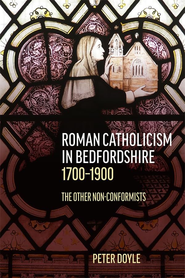 Cover of the book: image of stained glass window at St Francis Church, Shefford, of Mrs Lyne Stephens holding an image of the church.
