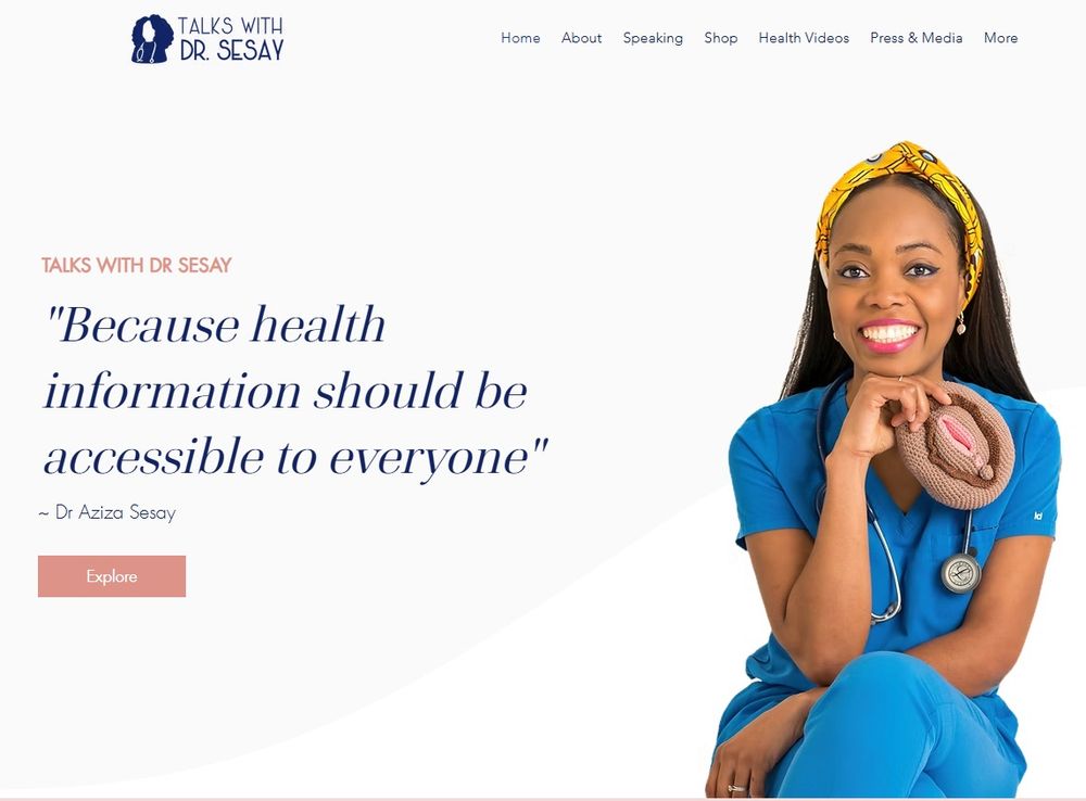 Photo of Dr Aziza Sesay holding a prop relevant for her target audience with the quote "Because health information should be accessible to everyone".