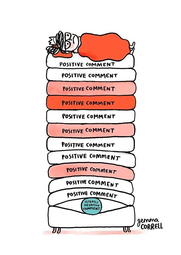 Illustration. Un personnage à la mine fâchée dort sur 11 matelas sur lesquels est écrit "positive comment" (commentaire positif) mais un gros petit pois sur lequel est écrit "slightly negative comment" (commentaire légèrement négatif) l'empêche de dormir. 