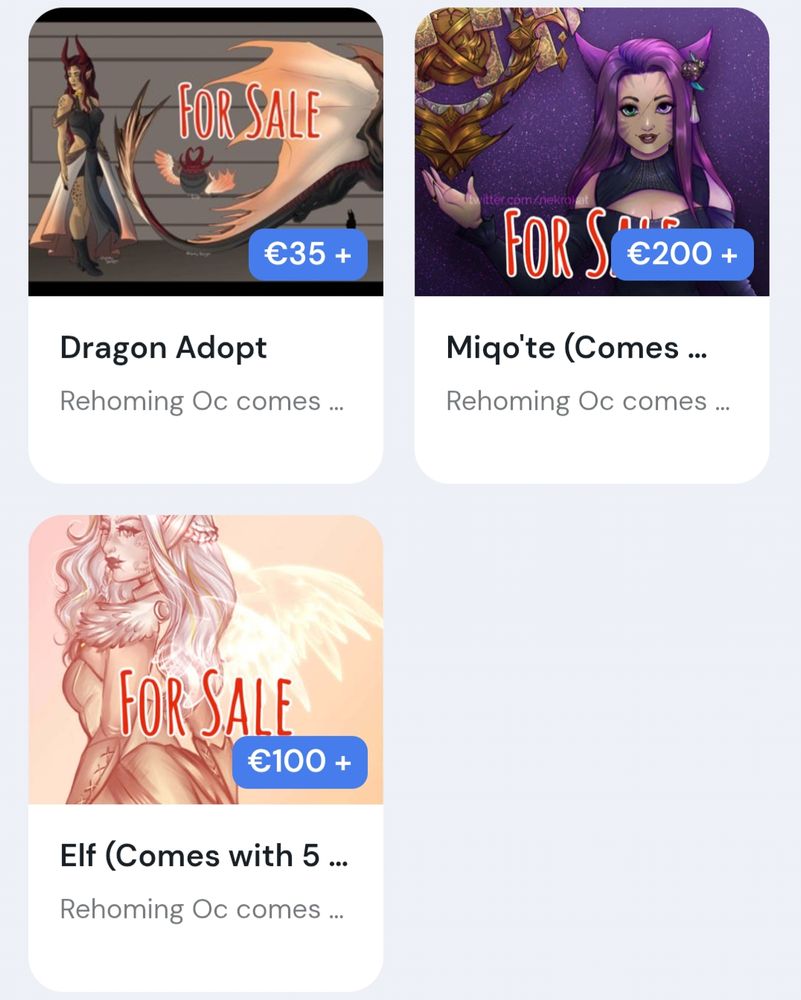 Screenshot of my ko-fi shop with ocs up for sale
