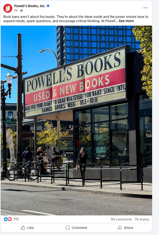 Social media post showing picture from Powell's books Facebook Account showing Powell's storefront with intact glass windows. 