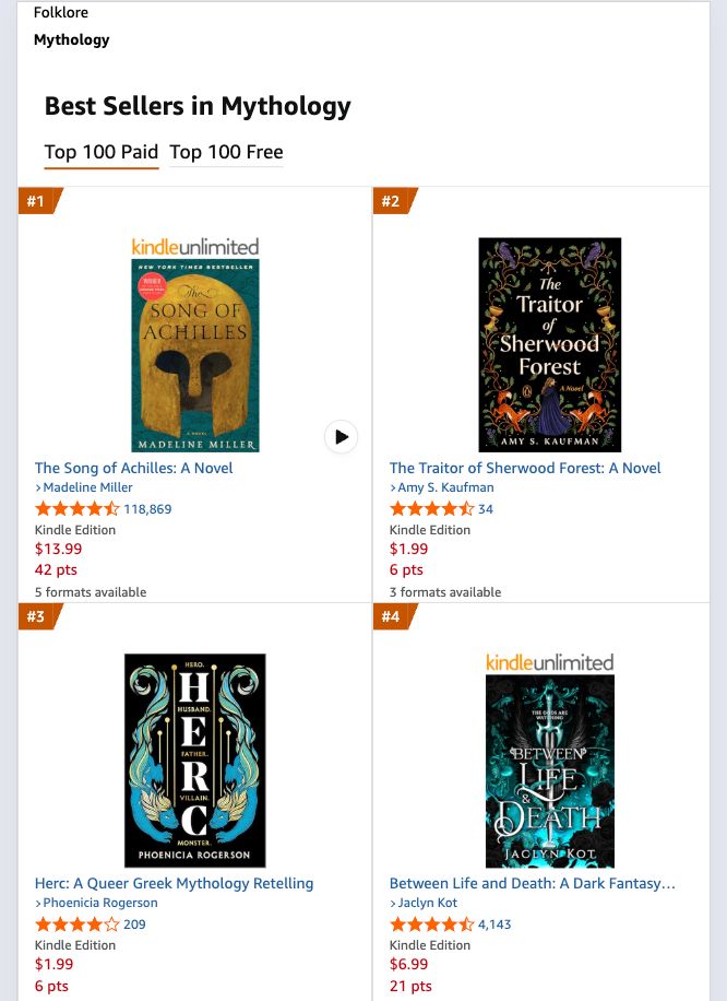 List of bestsellers in Mythology on Amazon