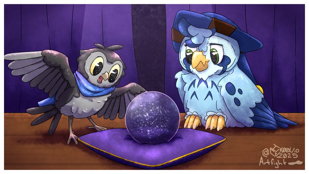 A brown Owl, and a blue owl sit together and enjoy a crystal ball, which shows a sea of stars within.
