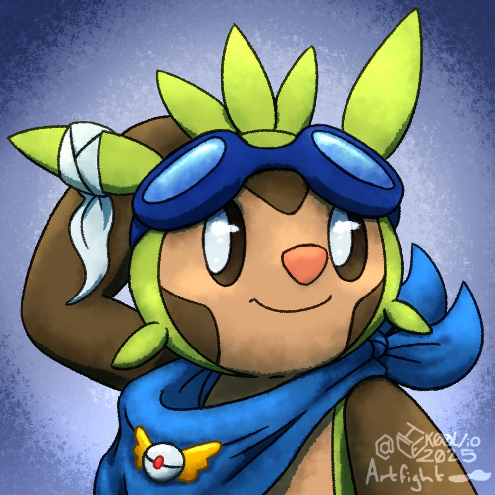 A Pokemon, Chespin, the Spiny Nut Pokemon, wearing a blue scarf, blue goggles, and a bandage on one leaf-like ear(?). 