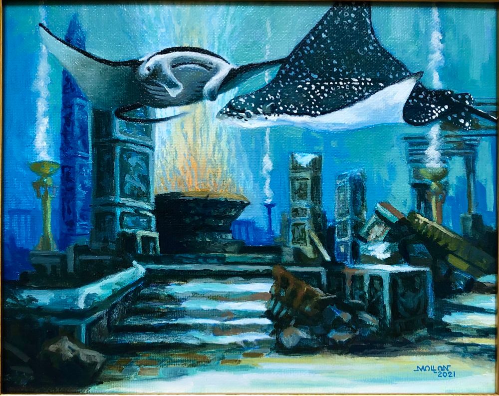 A sunken Palace of the Terra Hominids, land dwelling occupants of Exo-Planet Centauri Proxima B is seen in the background of deep blues, violets, ochre, greens and sienna colors.  In the foreground is seen the massive majestic body of the Great Blue Manta Ray and is accompanied by the beautiful Spotted Eagle Ray.  They are sentinels of the sunken palace.