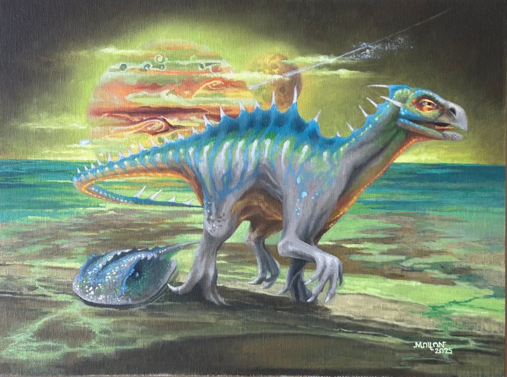 On Exoplanet Centauri Proxima B, a hybrid Dinosaur, cross between a Spinosaurus and a Iguanadon is trotting along a beach. In the distance is a Jupiter like planet with one of it’s many Moons. It is nightfall with a Cluster of Stars in the sky and a further distant Saturn Like planet on the horizon. A Meteorite streaks across the the sky. The sky is brightly lit in an eerie Yellow-Green Glow, reflected on the water and beach. A giant Horseshoe Crab appears from the depths of the ocean, crawling up onto the shore.