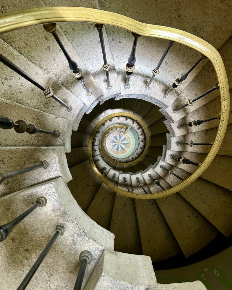 Photograph looking down through a spiral Concrete Staircase. At the bottom is a Mosaic design that resembles a Compass Rose or an Iris of an Eye, hence the title “The Eye Of The Nautilus”.  The picture shows alternating size, alternating shadows, alternating curvature.  A good example of Art/Architecture mimics Nature and all of its beauty 🤩😃. Also, it’s Shark Week, we need Sharks 👍🦈🦈🦈🦈🦈