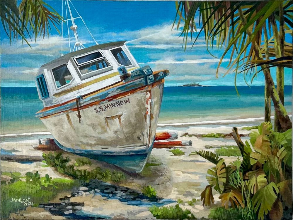 A wrecked and beaten wooden Pleasure Cruiser is beached on a Tropical Island. The sky is a Bright Cerulean Blue with whispery clouds. The water is a flat calm, typical for a Summer Afternoon. The beach is uninhabited except for the boat and painted Safety Timbers placed behind the vessel to keep the boat anchored onto the beach. In the foreground is lush Tropical foliage and Bamboo Palm Trees. The tide is out and water is trickling back towards the shore line. The humidity is increasing, it is a typical Tropical Day.