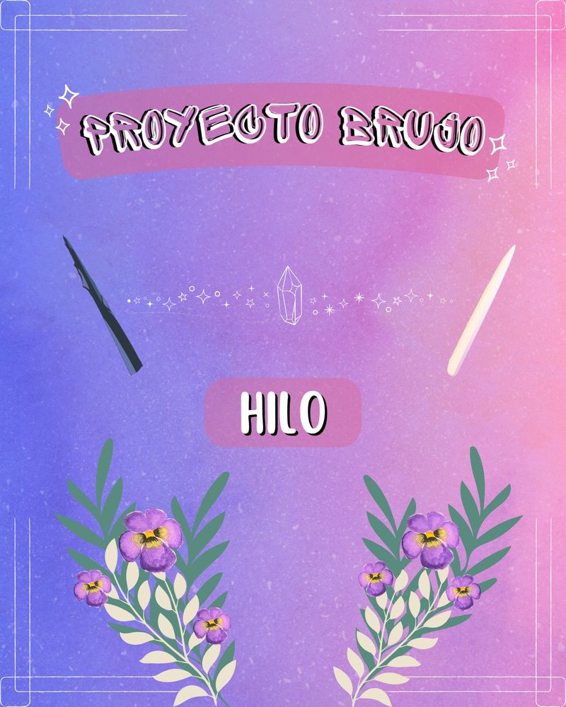 Presentación de Proyecto Brujo, donde se ven varitas mágicas que representan a los personajes: a la izquierda una negra y de aspecto afilado, a la derecha una más suave que parece de cristal, rodeadas por flores moradas, plantas y chispas mágicas.