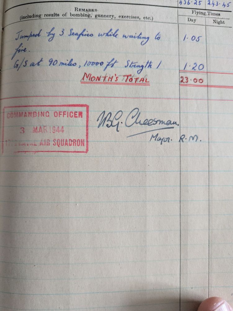 Signature of Major Cheeseman, commanding officer of 1770 Naval Air Sqn, March 1944
