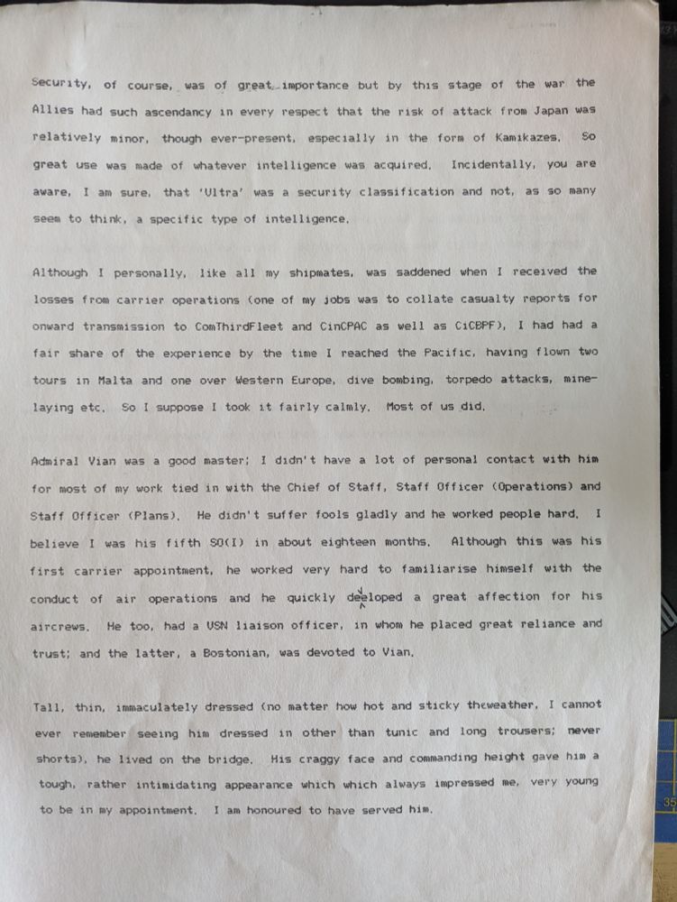 Notes on Admiral Vian, Commander of British Pacific Fleet carriers