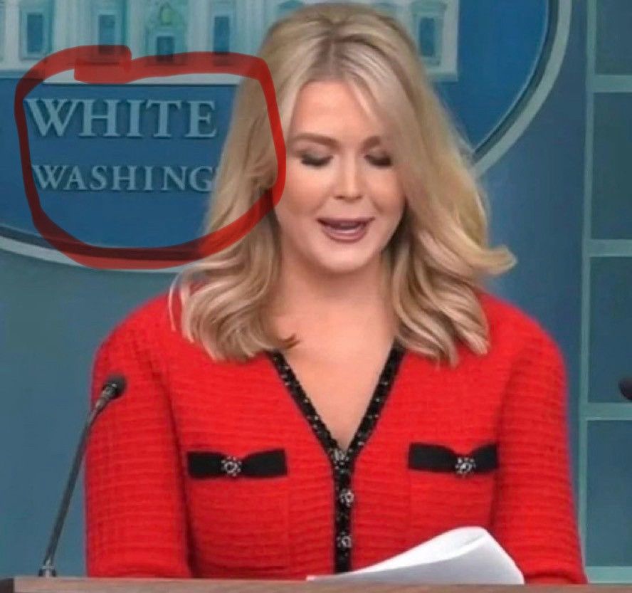 A photo of Karoline Leavitt reading from the WH Press Room lectern. She is obstructing part of the "White House, Washington" sign on the wall behind her so that it only shows "White Washing."