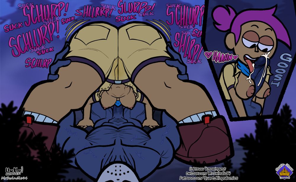 A two panel nsfw rule34 digital cartoon drawing of Enid from OKKO dressed in hiking gear slobbering on the knob of (performing oral sex on) a copyright free grotesquely muscular hockey-masked serial killer (it's definitely just Jason from Friday the 13th). In the first, larger panel, Enid is shown from behind, standing on all fours with her ass in the air, her large tits hanging free as she sucks the killer's cock. In the second panel, we see her pleased face as he cums while she licks his cock and squeezes it between her breasts. 