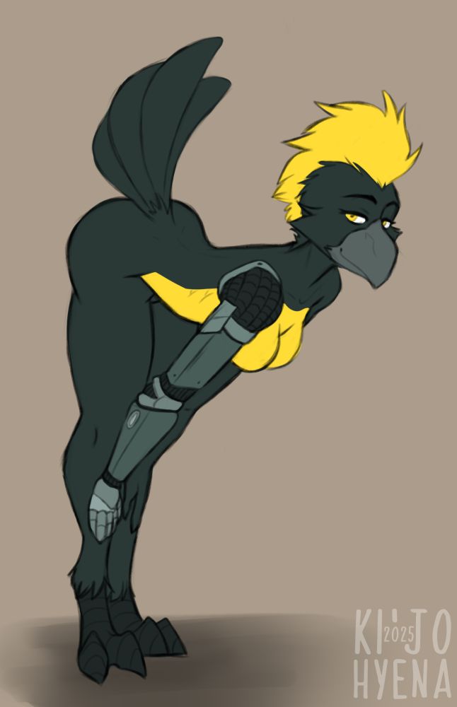 Byrne, an anthropomorphic Sultan tit with a prosthetic arm, bent over nude and looking at the viewer with a smug smirk as she raises her tail feathers.