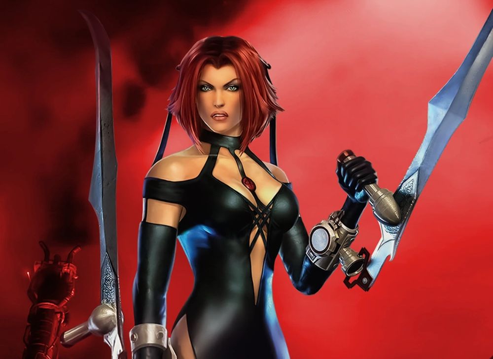 Rayne from Bloodrayne, red haired vampire woman wearing a tight black bodysuit and holding two large blades