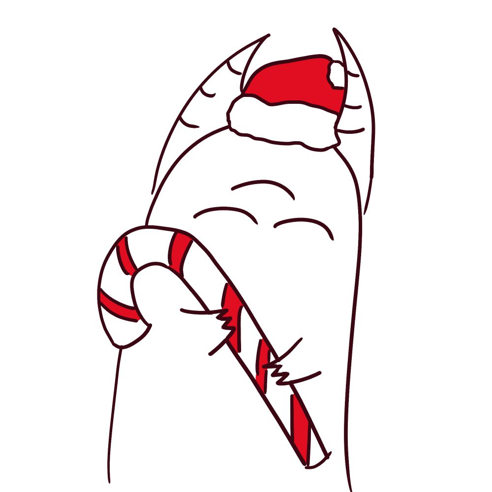 A three-eyed demon cheerfully holds a giant candy cane with both hands, a santa hat is nestled between its horns