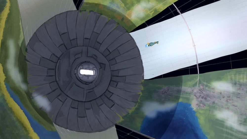 A Bluefoot-class carrier enters an O'Neill-type colony