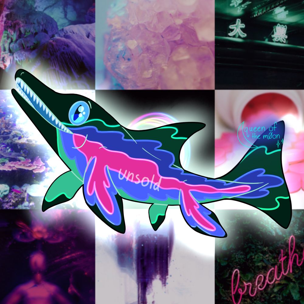 A neon green Ichthyosaur with pink and blue wave pattern accents, sharp teeth, and blue eyes.