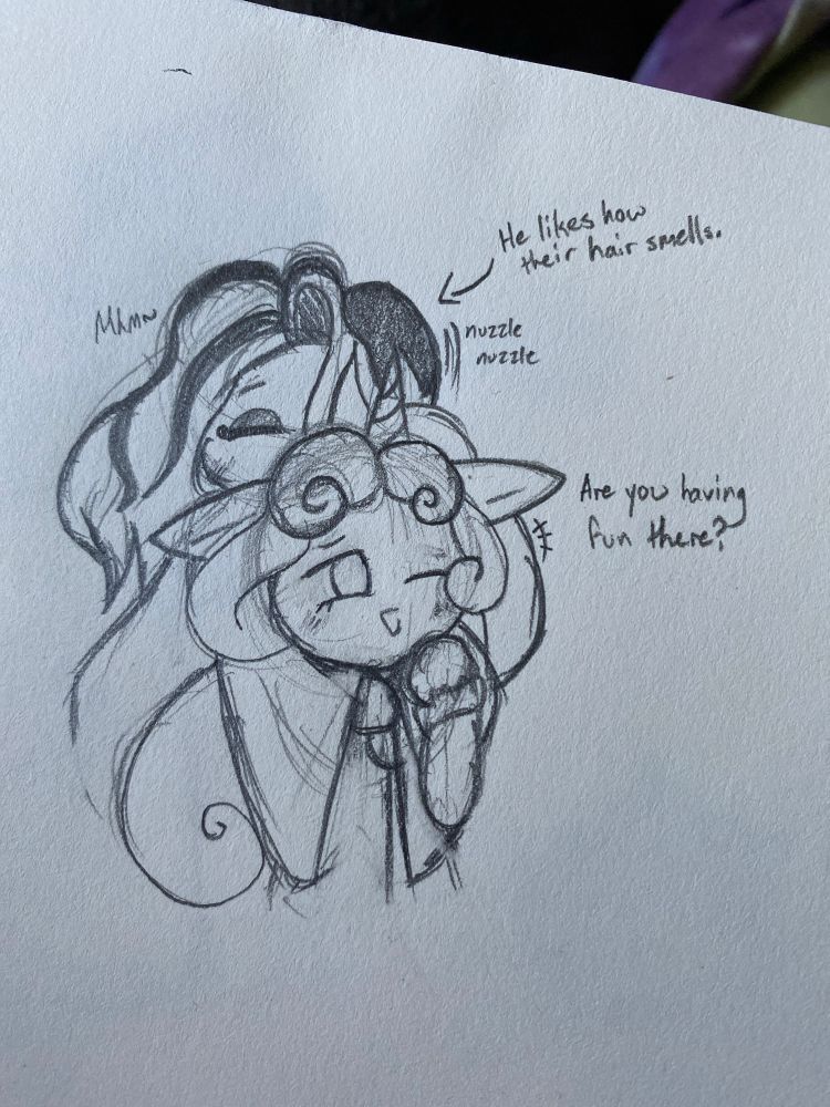 Affogato Cookie hugs Cream Unicorn Cookie from behind, nuzzling his face into their hair. An arrow points to him that reads, “He likes how their hair smells.” Cream Unicorn holds onto Affogato’s arm with an amused expression on their face. Dialogue reads as follows:

Cream Unicorn: Are you having fun there?
Affogato: Mhm~