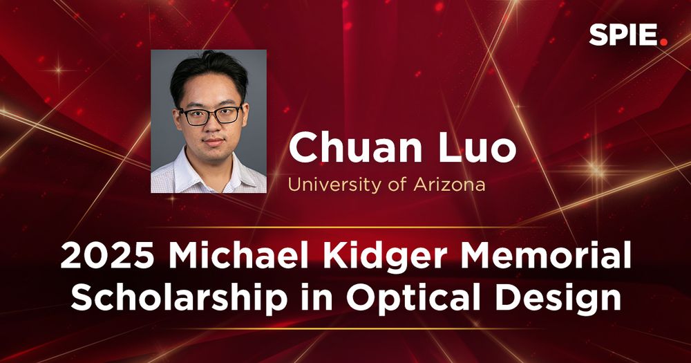 A red background with geometric patterns with text promoting the 2025 Michael Kidger Memorial Scholarship in Optical Design.