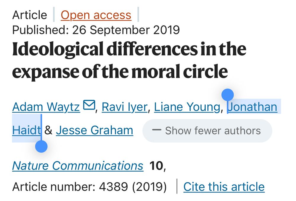 Article Open access Published: 26 September 2019 Ideological differences in the expanse of the moral circle Adam Waytz, Ravi Iyer, Liane Young, Jonathan Haidt & Jesse Graham Show fewer authors Nature Communications volume 10, Article number: 4389 (2019) Cite this article