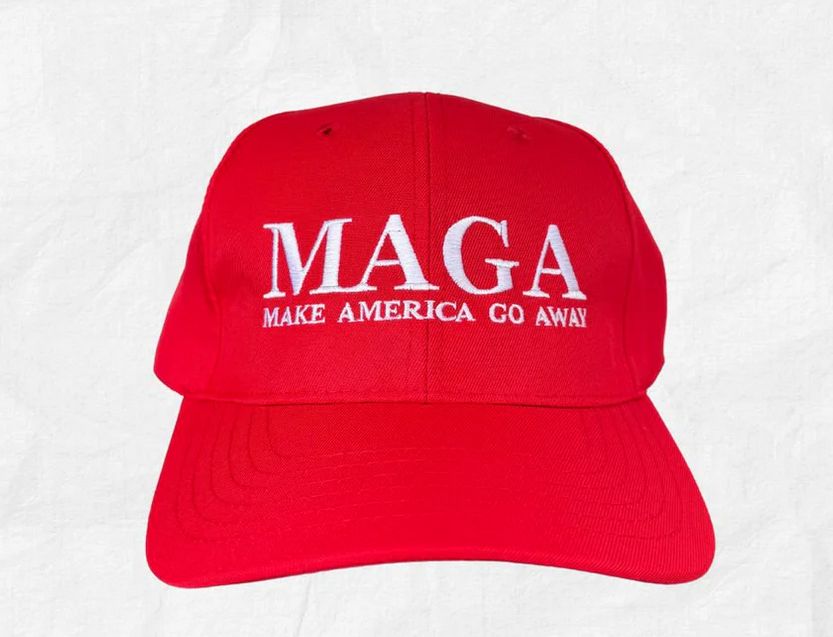 Red MAGA hat with slogan MAKE AMERICA GO AWAY