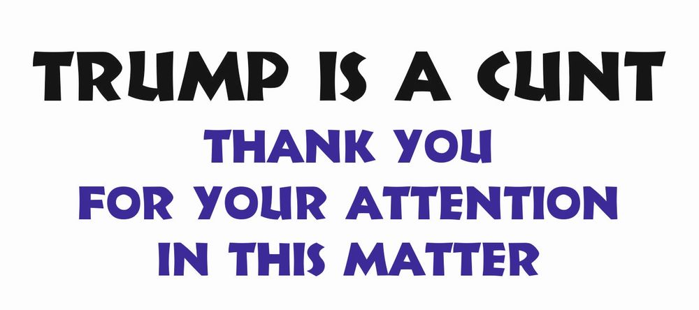 Placard saying TRUMP IS A CUNT -

THANK YOU FOR YOUR ATTENTION IN THIS MATTER.
