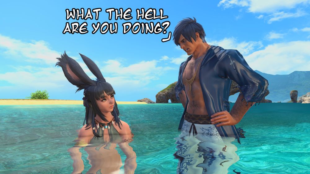 A highlander man walks up to her and asks, "What the hell are you doing?" The water only reaches around his waist, so it's pretty shallow.