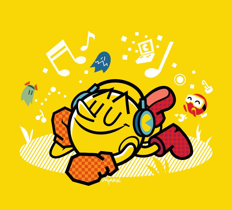 pac-man lying on the ground listening to his favorite tunes 