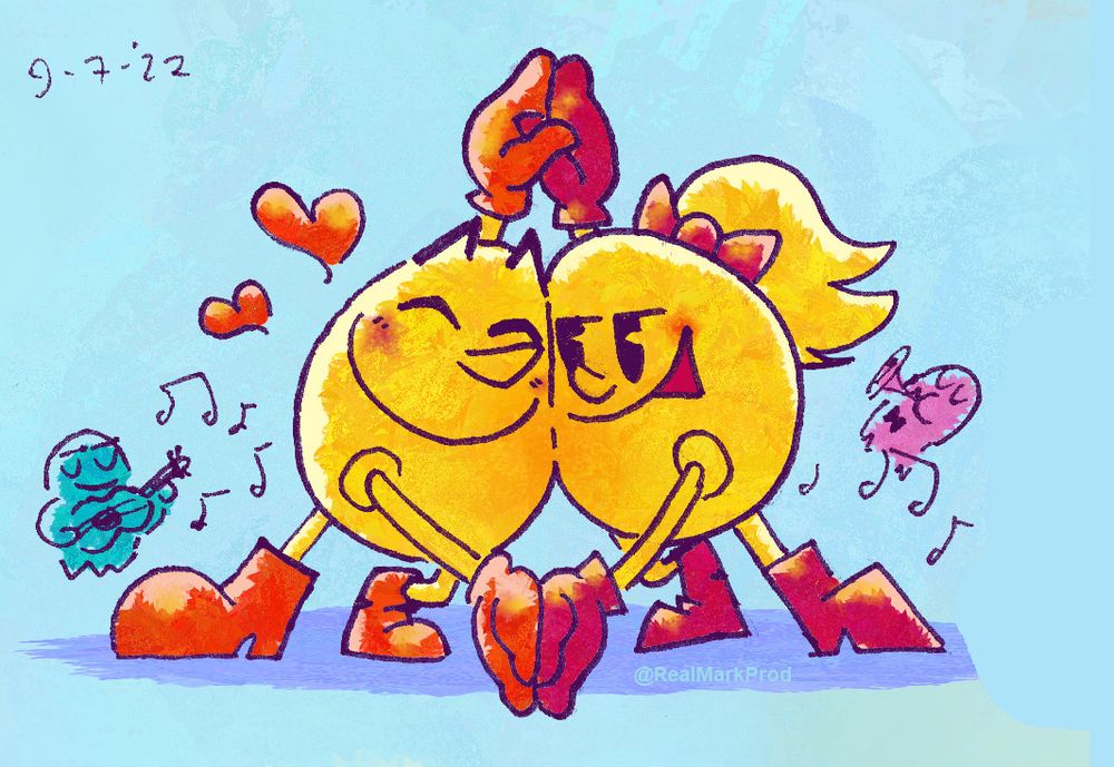 pac-man dancing with ms. pac-man, with ghosts playing music in the background