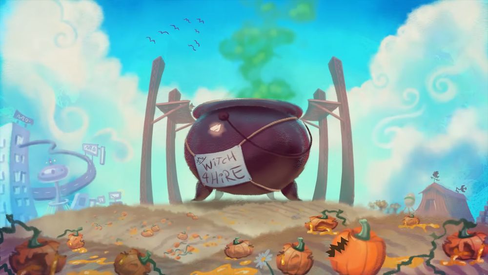 A large digital painting of a giant cauldron standing in a field. The text on the cauldron reads 'WITCH 4 HIRE". There's a bunch of ruined pumpkins in the field.