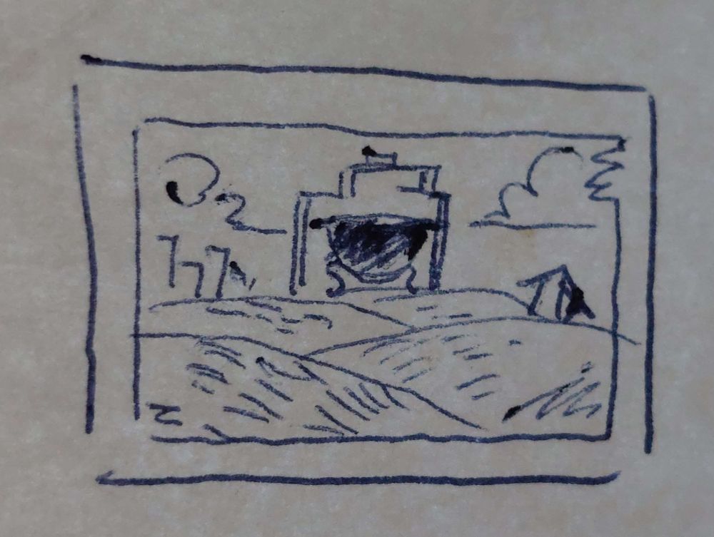 a small scribble of a giant cauldron in a field