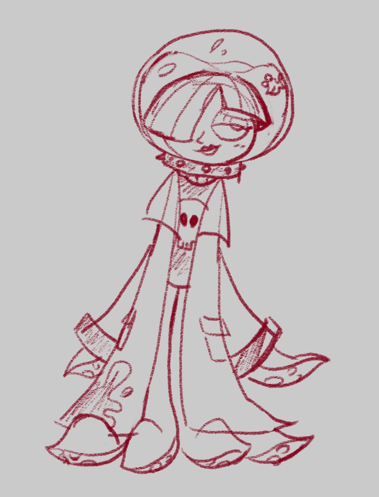 Doctor Puzz, waaaay lankier, kinda shaped like an upside down exclamation mark, with longer tentacles and no human legs, also her 'hair' covers one side of her face. There's some ink on her labcoat