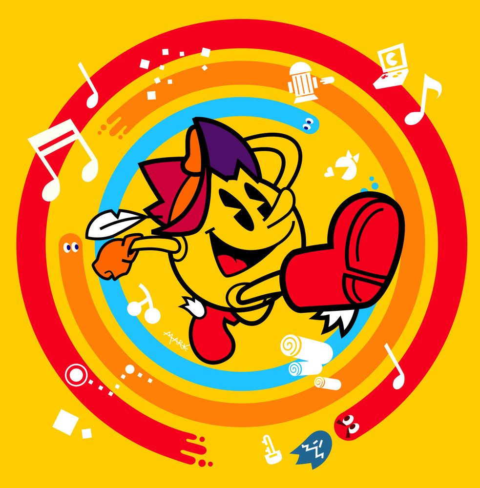 pac-man in his pac-land attire, jumping through ghosts forming circles