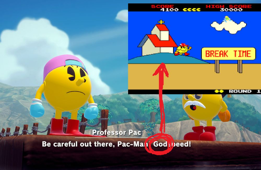 Screenshot of Pac-Man World 2 Re-Pac, with the word 'God' from 'Godspeed' highlighted, pointing to a screenshot of the church in Pac-Land