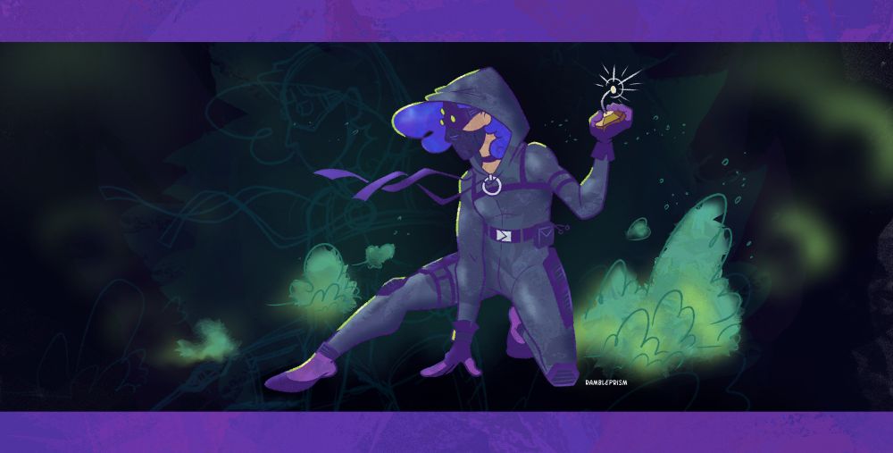 Me in a cool splinter cell inspired stealth suit with blue/purple hair and green smoke and some weird gadget gizmo thingy I'm about to throw