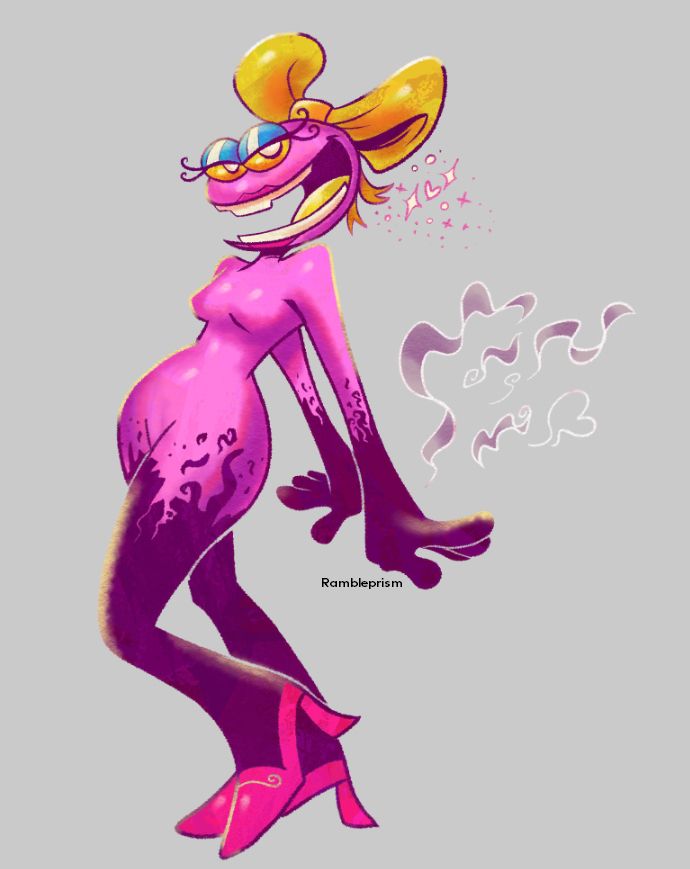 a drawing of Ms. Splosion Man, wearing red/pink high heels, with smoke behind her. Her arms and legs are partially 'sploded, shown by the black markings