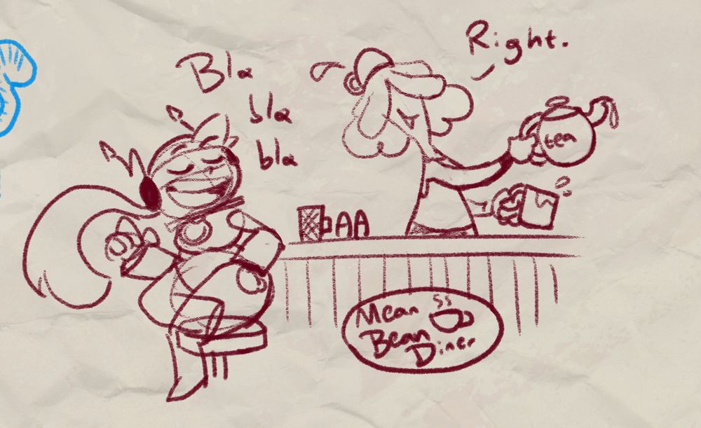 Aster at Bean's Mean Bean Diner, talking about her many cool adventures that totally happened for real. Text reads "Bla bla bla" and Bean replying with just 'Right.'