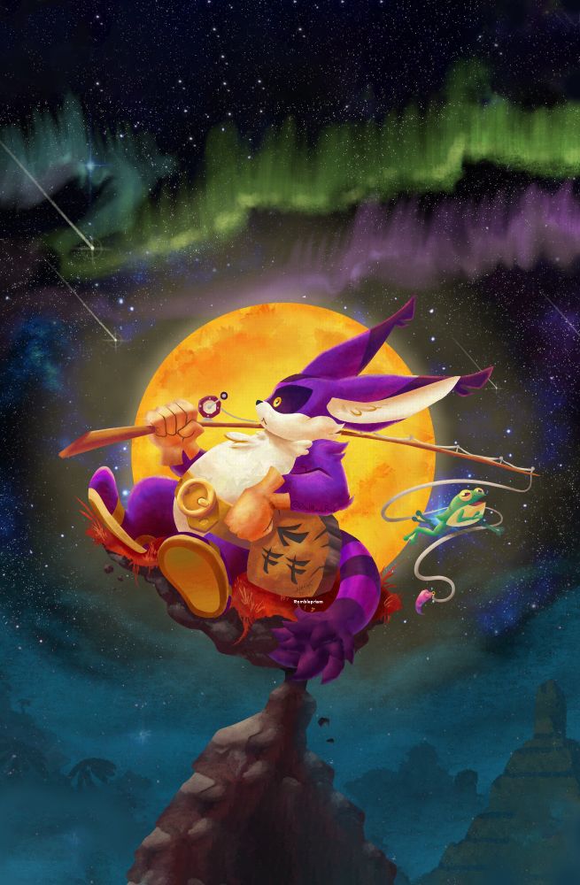 Big the cat sitting on a rock formation, holding a fishing pole. Froggy's jumping around next to him. The background shows old ruins, blue clouds, aurora borealis and a bright full moon on a starry sky. 